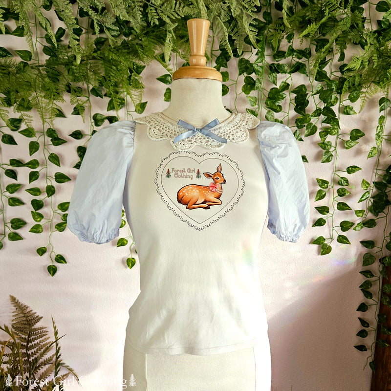 Blue & White Deer Heart Top