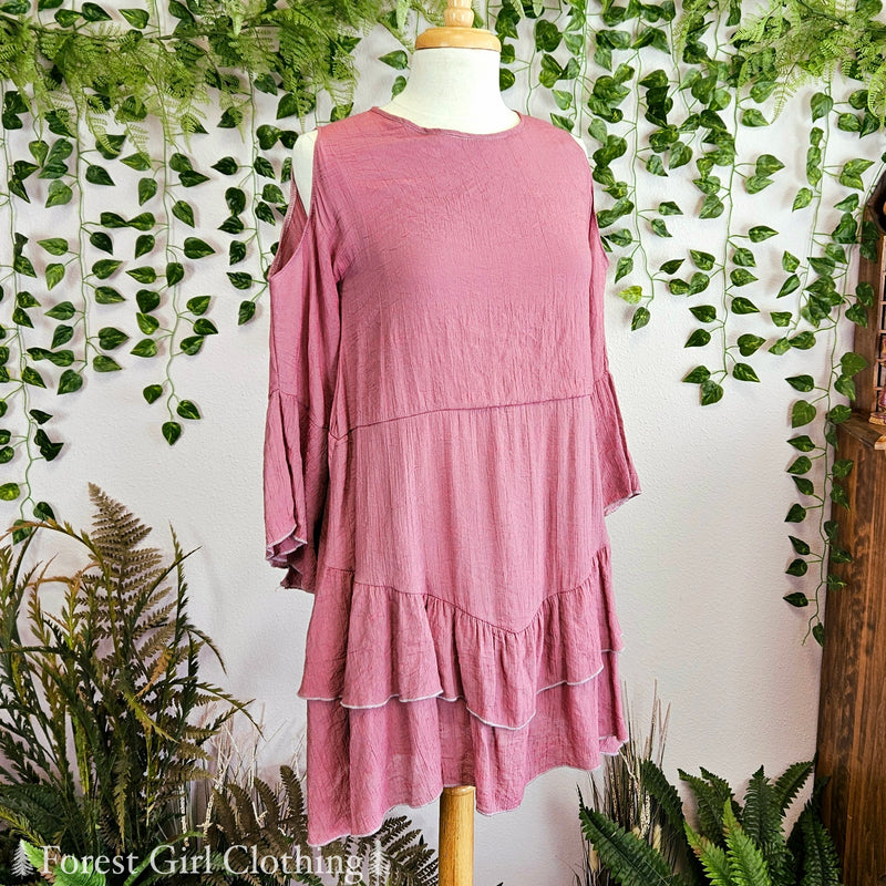 Dusty Rose Off-Shoulder Ruffle Dress
